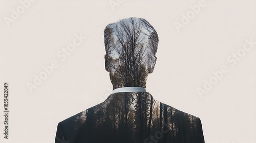 A silhouette of a man in a suit, blended with a forest scene, symbolizing the connection between nature and humanity.