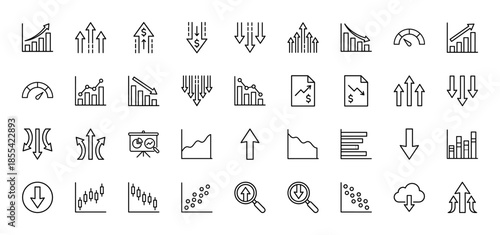 Business and finance line icon set featuring vector pictograms of growth charts, arrows, data analysis bars, magnifying glass, candlestick graphs, and stock market trends.