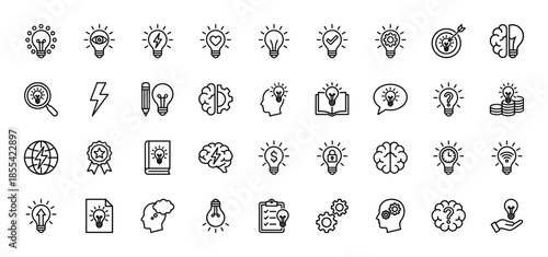 Business and innovation line icon set. Vector pictograms of light bulbs, brain, gears, target, checklist, book, magnifying glass, and clock, thin outline illustration.