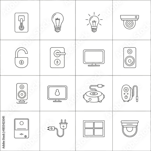 Smart Home Automation and Security Line Icons Set, Featuring Modern IoT Devices and Controls