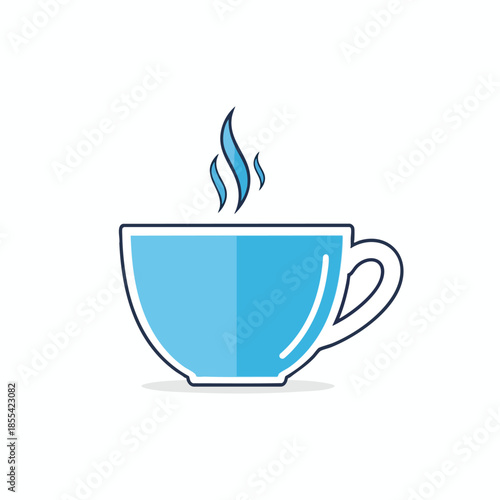 A light blue steaming cup of coffee with a handle against a white background