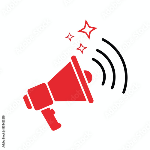 Red megaphone icon with sound waves and stars on a white background