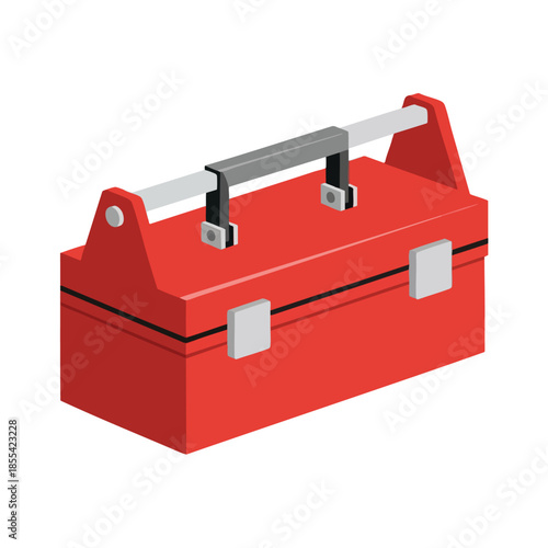 Red toolbox with handle, and silver accents on white background. Isometric view