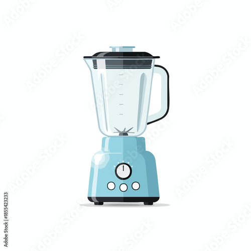 A light blue blender, with clear pitcher, black lid, and buttons on white background