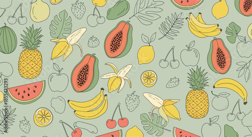 Charming seamless pattern of hand-drawn tropical fruits like bananas, papayas, and pineapples in a doodle style on a green background.
