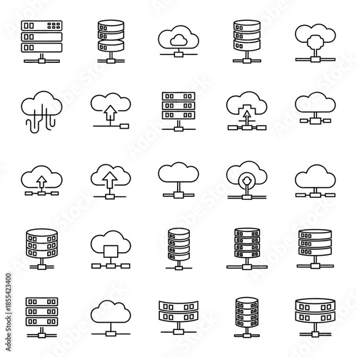 Cloud Computing, Data Storage, Server Rack, and Database Outline Icons Set.