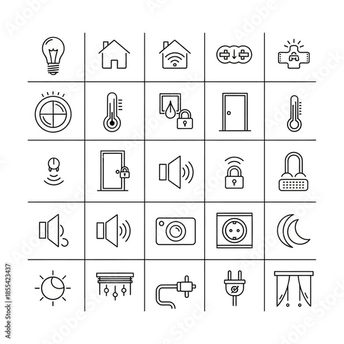 Smart Home Line Icons Set for Home Automation, Security, Climate Control, and Electrical Devices