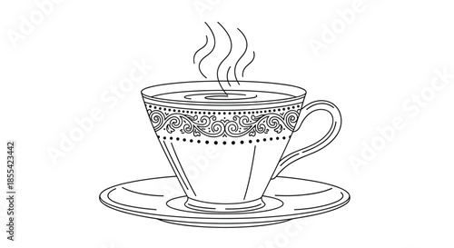 Elegant black and white line drawing of a steaming cup of tea or coffee in an ornate, vintage-style teacup with a matching saucer.