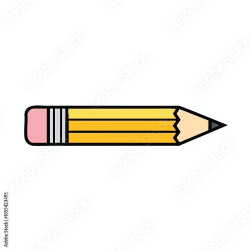 A yellow pencil with a pink eraser tip and a sharpened black lead tip
