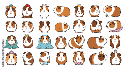 Large collection of cute cartoon guinea pig characters in various poses and with different accessories like crowns, bows, and blankets.