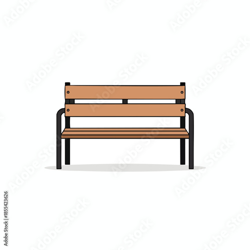 A cartoon bench with wood slats and black metal frame, casting a shadow