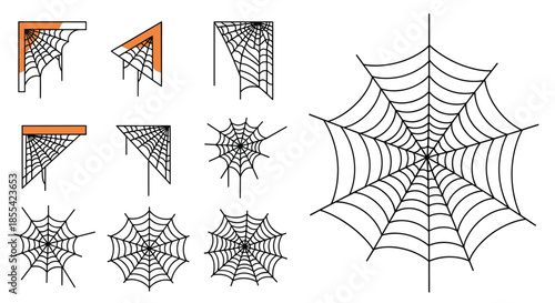 Set of black spiderweb vector icons and illustrations in various shapes, including corner webs, perfect for Halloween and spooky designs.