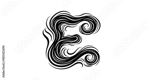 Artistic and abstract black and white decorative letter E, designed with flowing, wavy lines that resemble hair, smoke, or water currents.