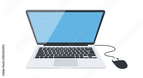 Modern flat design illustration of an open laptop computer with a blank blue screen and an external mouse connected by a cord.