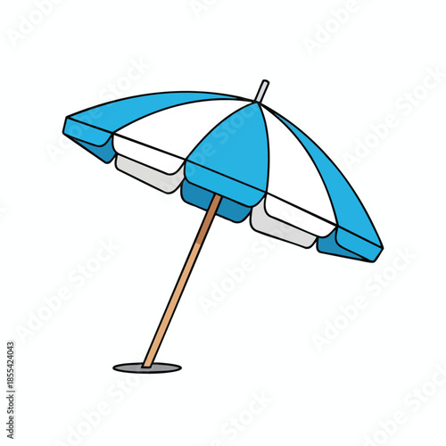 Blue and white striped beach parasol with a wooden pole