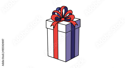 Hand-drawn illustration of a tall, wrapped gift box with a festive, elaborate red and blue bow, perfect for birthday or holiday designs.