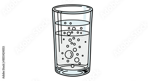 Simple line art illustration of a tall glass filled with a bubbly, carbonated beverage, rendered in a clean, minimalist doodle style.