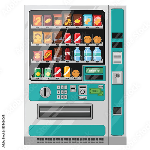 A cartoon vending machine with snacks, drinks, and a keypad for selections