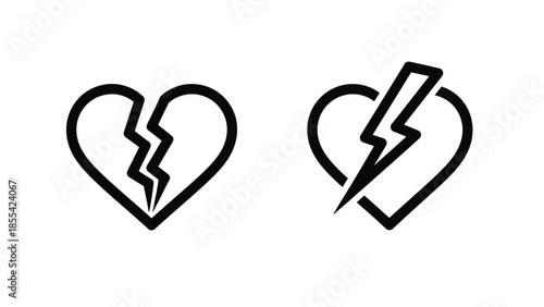 Broken Heart with Crack and Lightning Bolt in Simple Black Line Art on White Background for Emotional Symbol