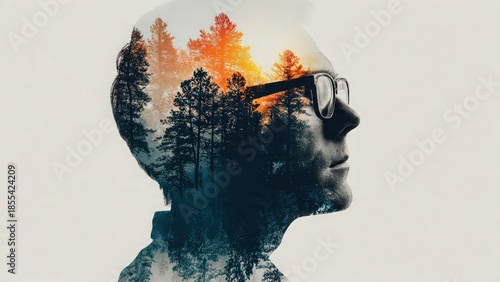 Silhouette of Man with Double Exposure of Forest and Sunset Colors