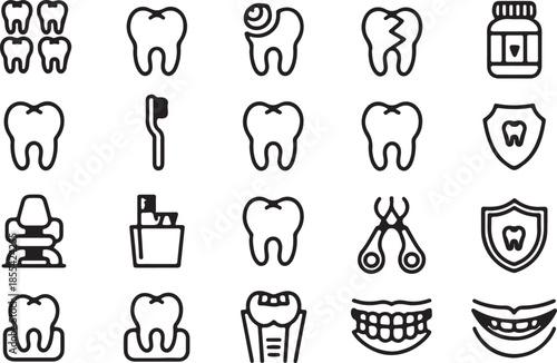 Essential line art icons for dental care, oral hygiene, and dentistry, featuring a variety of teeth, clinic tools, and health symbols for medical graphics