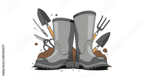 Monochromatic illustration of a pair of rubber boots in a pile of dirt, surrounded by various gardening tools like shovels and shears.