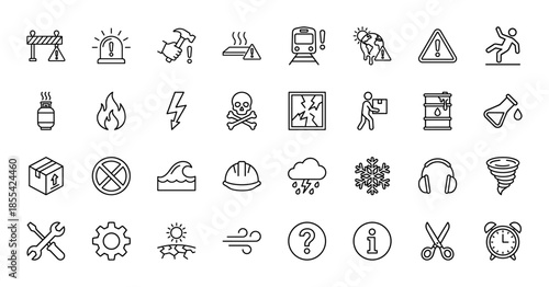 Industrial safety and hazard line icon set. Vector pictograms of fire, electricity, toxic, radiation, chemicals, weather, and construction tools, thin outline illustration.