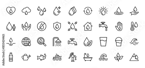 Water and plumbing line icon set. Vector pictograms of drops, faucet, shower, glass, bottle, bucket, fish, boat, waves, and nature, thin black outline illustration.