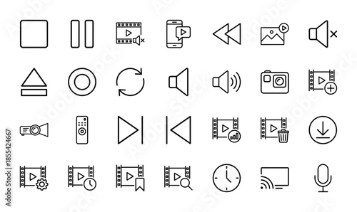 Multimedia line icon set. Vector pictograms of stop, pause, record, volume, camera, projector, remote, microphone, cast and download, thin outline illustration.