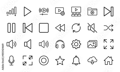 Multimedia and video player line icon set. Vector pictograms of play, pause, stop, volume, microphone, settings, headphones, and home, thin outline illustration.