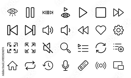 Multimedia control line icon set. Vector pictograms of play, pause, volume, mute, search, playlist, home, microphone, remote and settings, thin outline illustration.
