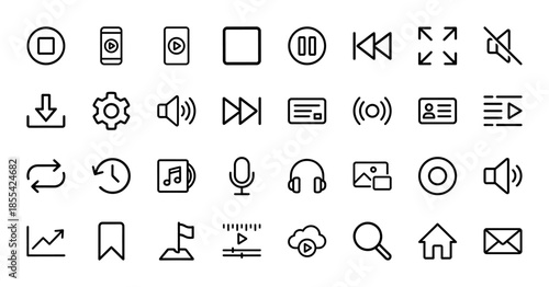Multimedia and media player line icon set. Vector pictograms of play, pause, record, volume, settings, microphone, headphones, and home, thin outline illustration.