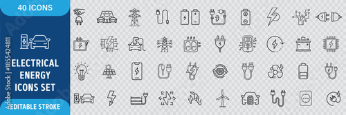 Electricity Line Icon Set. Electrical Energy, Power Supply, Voltage, Electric Current, Light Bulb, Renewable Energy, Power Grid, Electrical Equipment Icons. Editable Outline Stroke. Vector