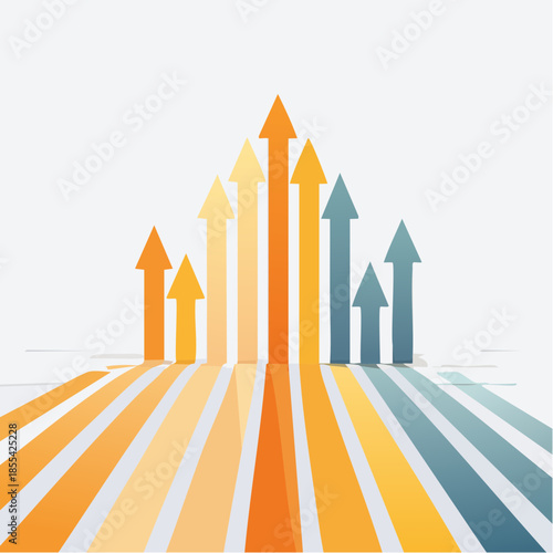 Colorful graphic illustration of multiple arrows pointing upwards in a variety of orange and blue hues on a white background with a shallow depth of field.