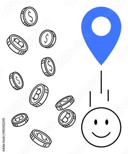 Cryptocurrency concept. Bitcoin coins flowing towards a location pin and a happy face. Cryptocurrency trends, Bitcoin investment, geolocation in digital finance, fintech solutions, e-commerce