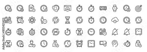 Time and management line icon set. Vector pictograms of clock, stopwatch, hourglass, calendar, alarm, schedule, deadline, and countdown, thin outline illustration.