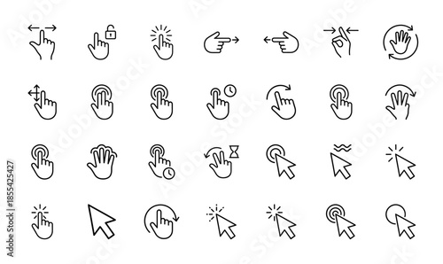 Touch screen gesture and computer cursor icon set. Vector pictograms of tap, scroll, swipe, pinch, drag, click, rotate, and zoom movements, thin outline illustration.