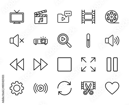 Media and video player line icon set. Vector pictograms of television, clapperboard, film, projector, volume, playback controls, settings, and heart, thin outline illustration.