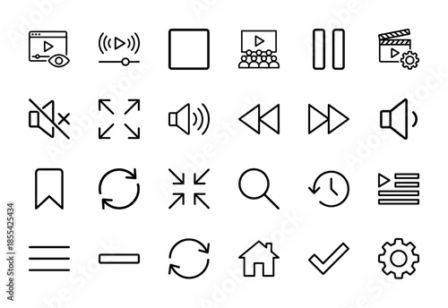 Multimedia and video player line icon set featuring vector pictograms of play, pause, volume, fast forward, rewind, settings, home, and search, thin outline illustration.