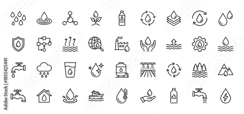 Water and ecology line icon set. Vector pictograms of drops, faucet, bottle, recycling, clouds, nature, house, industrial factory and irrigation, thin outline illustration.