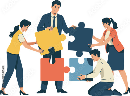Business team collaboration illustration with coworkers assembling colorful puzzle pieces, symbolizing teamwork, problem solving, unity, partnership, and corporate cooperation