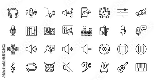 Music and audio line icon set. Vector pictograms of headphones, microphone, speaker, equalizer, smartphone, guitar, piano, and drum, thin outline illustration.