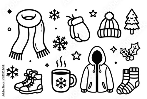 Set of cute winter clothing line art icons and cozy seasonal doodles including scarf mittens and boots on transparent background

