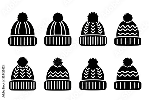 Set of eight black winter beanie hat silhouettes and knitted cap icons with pom poms on transparent background

