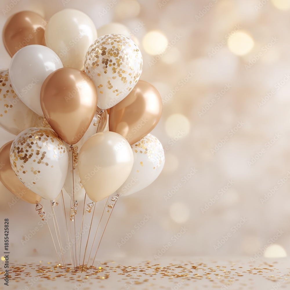 Fototapeta premium New year celebration balloons in white gold and rose gold with confetti on floor