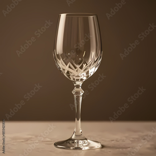 Crystal wine glass highlighted by soft gold light, professional photo style