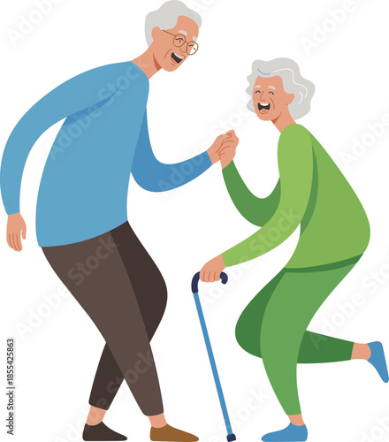 Cartoon illustration of elderly couple holding hands, senior support and care concept, happy grandparents relationship vector art isolated