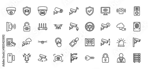 Security and surveillance line icon set. Vector pictograms of cctv cameras, drone, fingerprint, padlock, siren, sensor, and monitor, thin outline illustration.