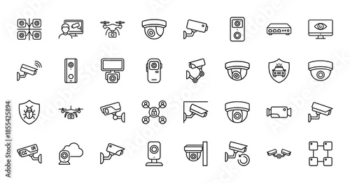Security and surveillance line icon set. Vector pictograms of cctv cameras, dome sensors, drones, video doorbells, monitors, and network routers, thin outline illustration.