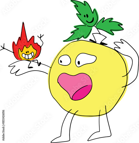 A funny yellow character screams and looks at his burning hand, with a nettle sitting on top, drawn with grunge curves, color drawing